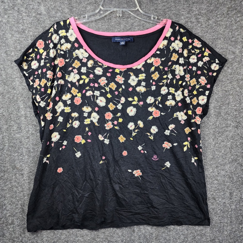 Tommy Hilfiger Floral T-Shirt Womens XXL Black Pink Scoop Neck Cap Sleeve Cotton